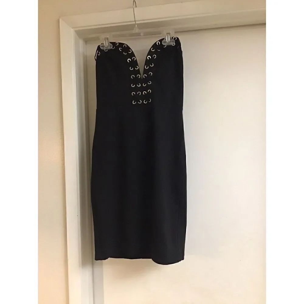 NWOT~Forever 21 Black & Silver Grommet Lace Up Bodice Strapless Mini Dress Sz L